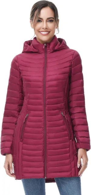 SLOW DOWN Women Ultra Light Down Jacket Packable Puffer Jacket Coat Hooded Mid Length Winter Outwear