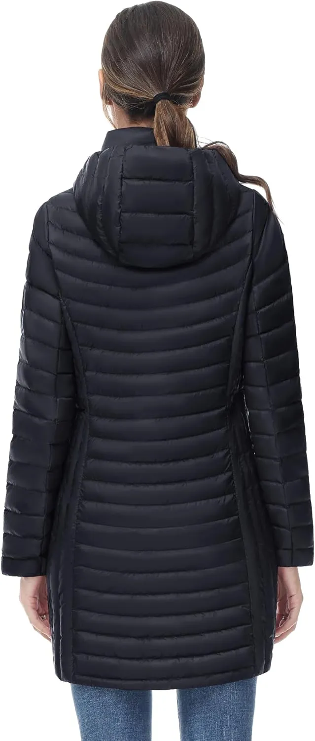 SLOW DOWN Women Ultra Light Down Jacket Packable Puffer Jacket Coat Hooded Mid Length Winter Outwear