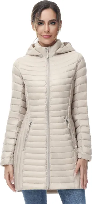 SLOW DOWN Women Ultra Light Down Jacket Packable Puffer Jacket Coat Hooded Mid Length Winter Outwear
