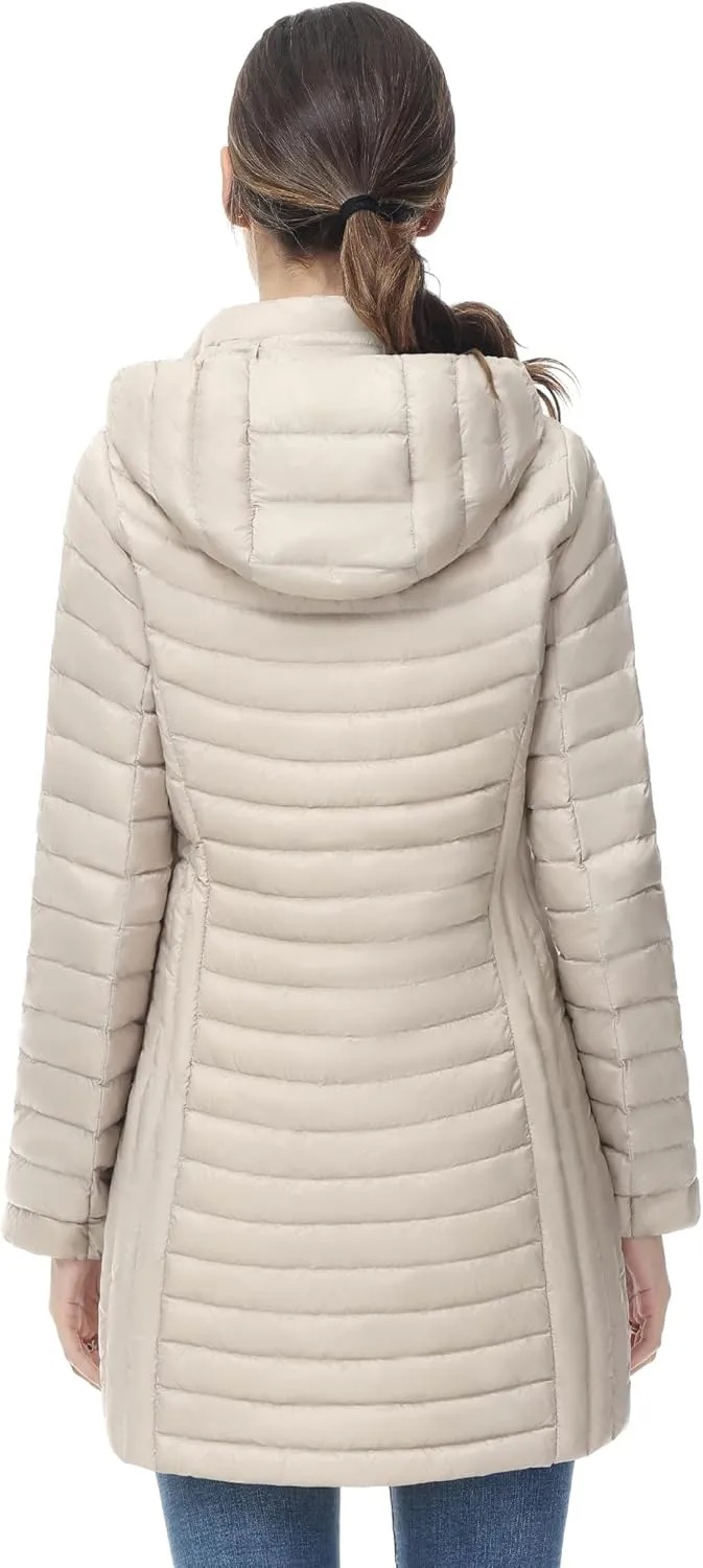 SLOW DOWN Women Ultra Light Down Jacket Packable Puffer Jacket Coat Hooded Mid Length Winter Outwear