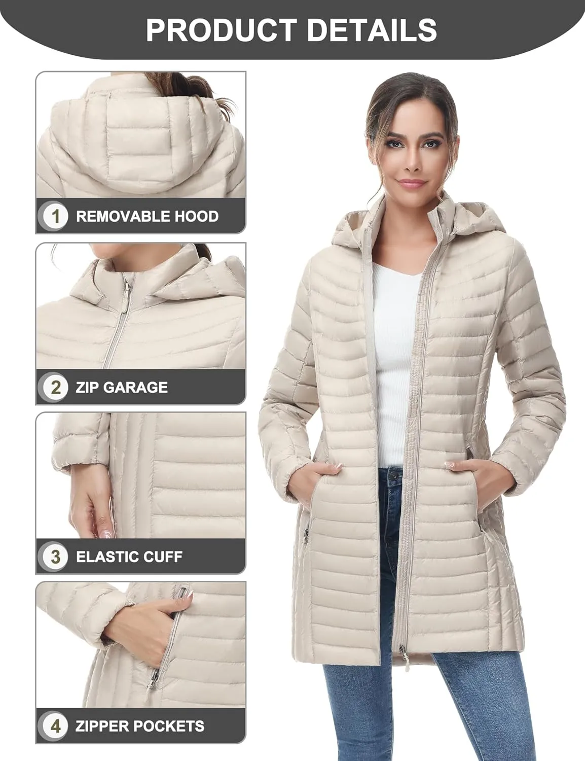 SLOW DOWN Women Ultra Light Down Jacket Packable Puffer Jacket Coat Hooded Mid Length Winter Outwear