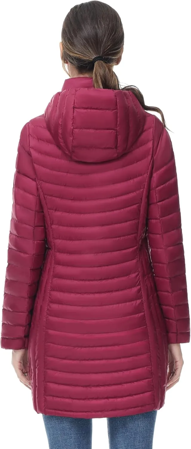 SLOW DOWN Women Ultra Light Down Jacket Packable Puffer Jacket Coat Hooded Mid Length Winter Outwear