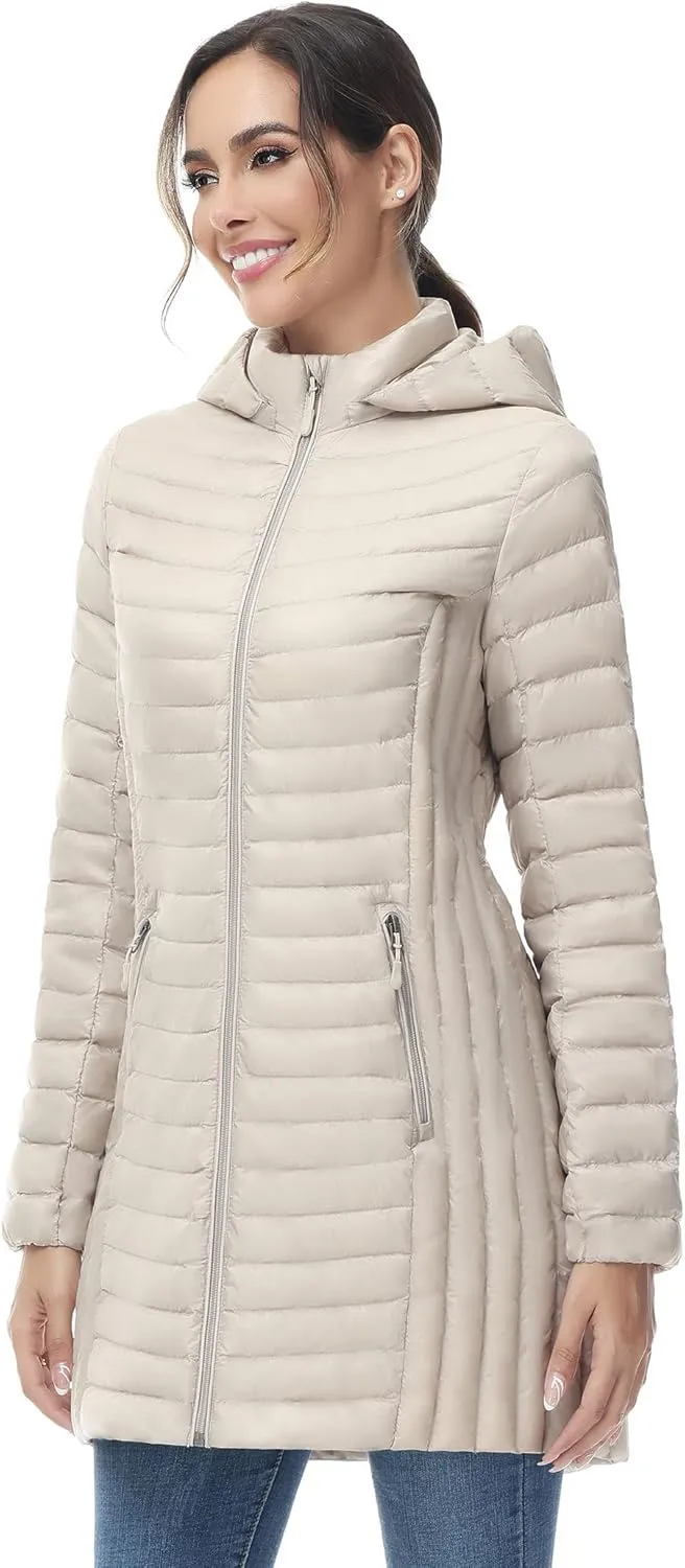 SLOW DOWN Women Ultra Light Down Jacket Packable Puffer Jacket Coat Hooded Mid Length Winter Outwear