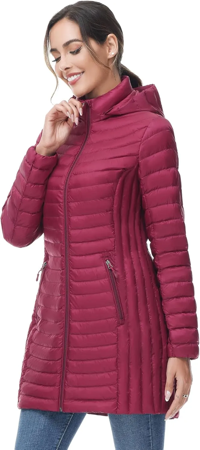 SLOW DOWN Women Ultra Light Down Jacket Packable Puffer Jacket Coat Hooded Mid Length Winter Outwear