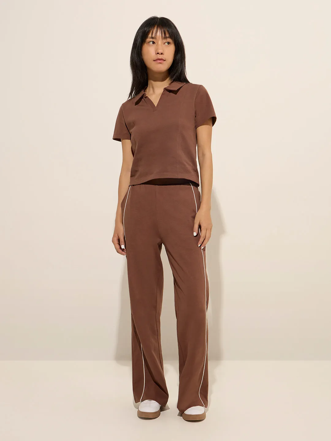 Studiofit Brown Solid Cotton T-Shirt