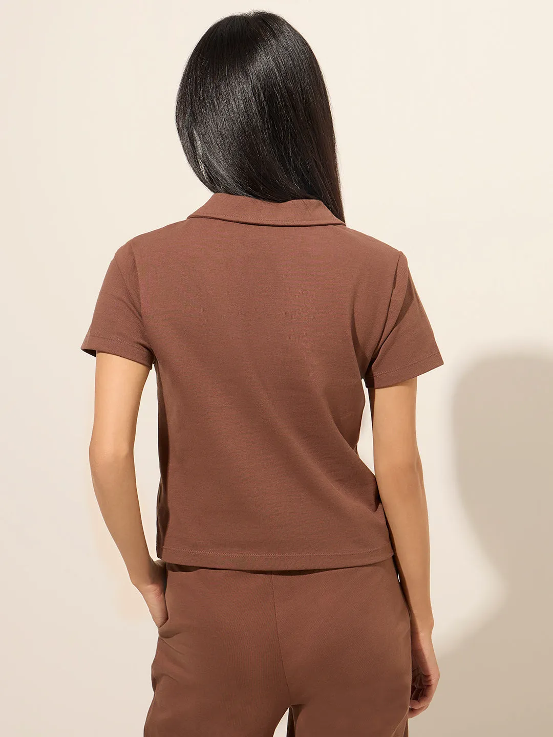 Studiofit Brown Solid Cotton T-Shirt