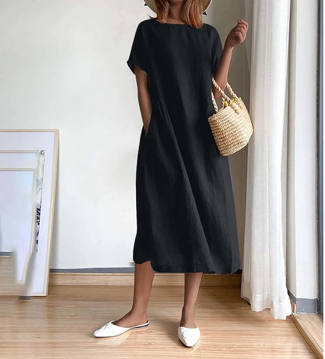 Summer Beach Dresses for Women 2025 Short Sleeve Cotton Linen Midi Dress Flowy A Line Dresses Shirt Dress with Pocket