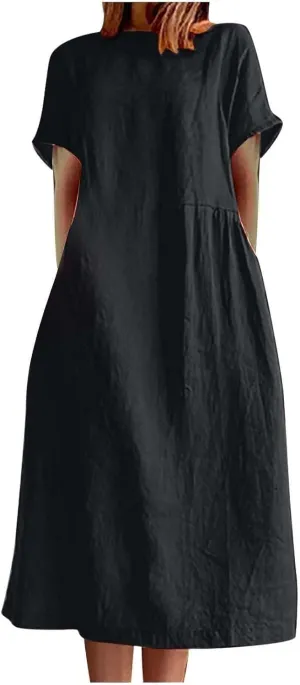 Summer Beach Dresses for Women 2025 Short Sleeve Cotton Linen Midi Dress Flowy A Line Dresses Shirt Dress with Pocket