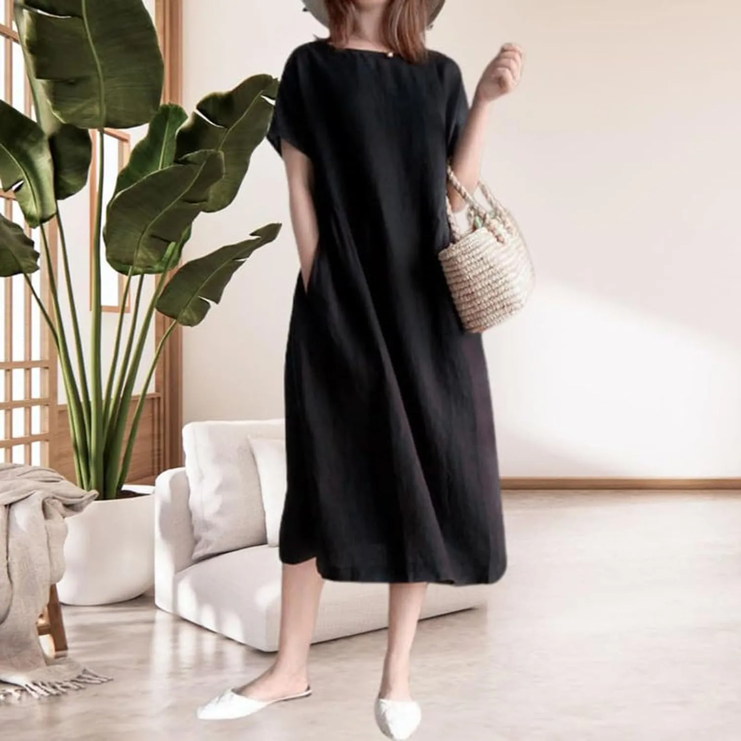 Summer Beach Dresses for Women 2025 Short Sleeve Cotton Linen Midi Dress Flowy A Line Dresses Shirt Dress with Pocket