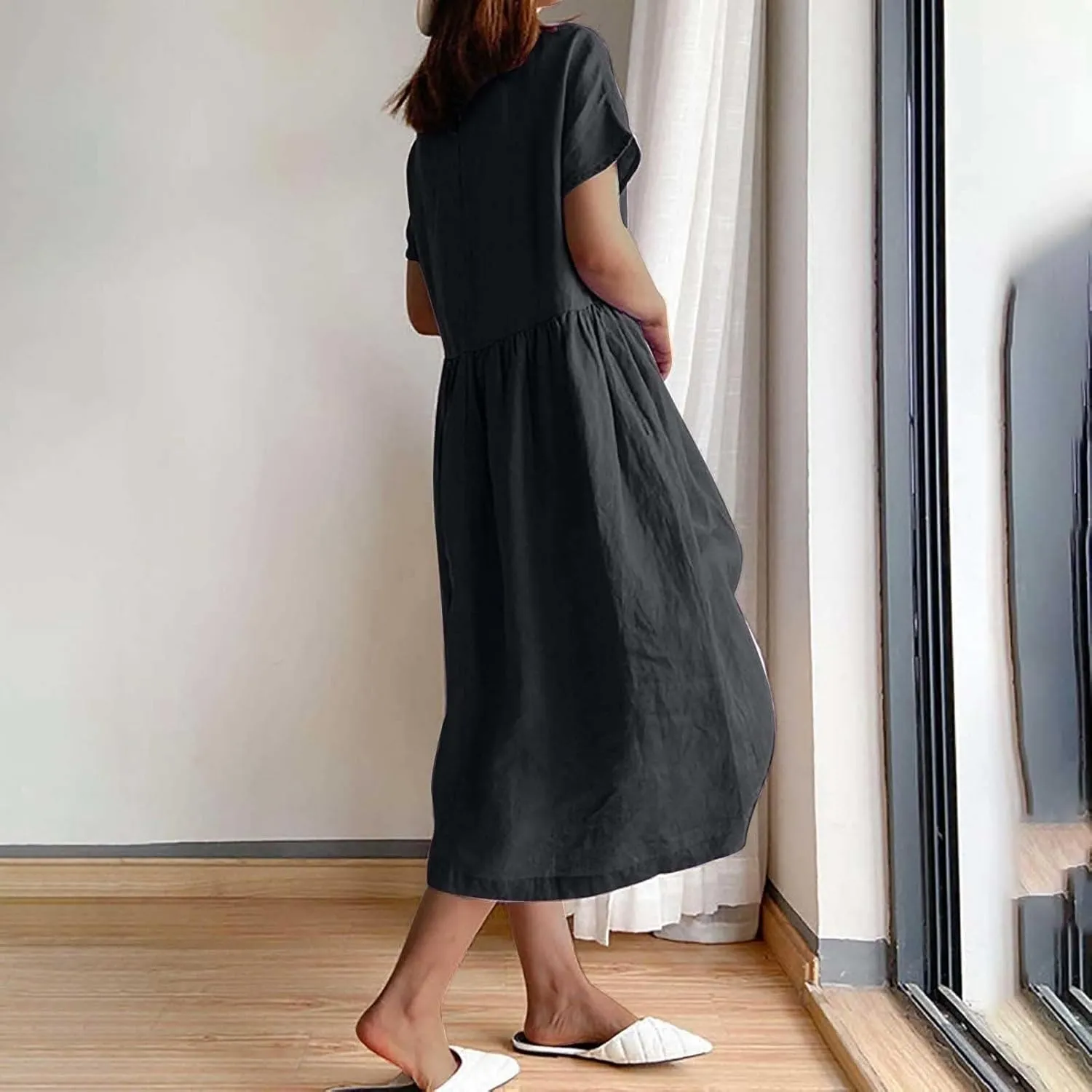 Summer Beach Dresses for Women 2025 Short Sleeve Cotton Linen Midi Dress Flowy A Line Dresses Shirt Dress with Pocket