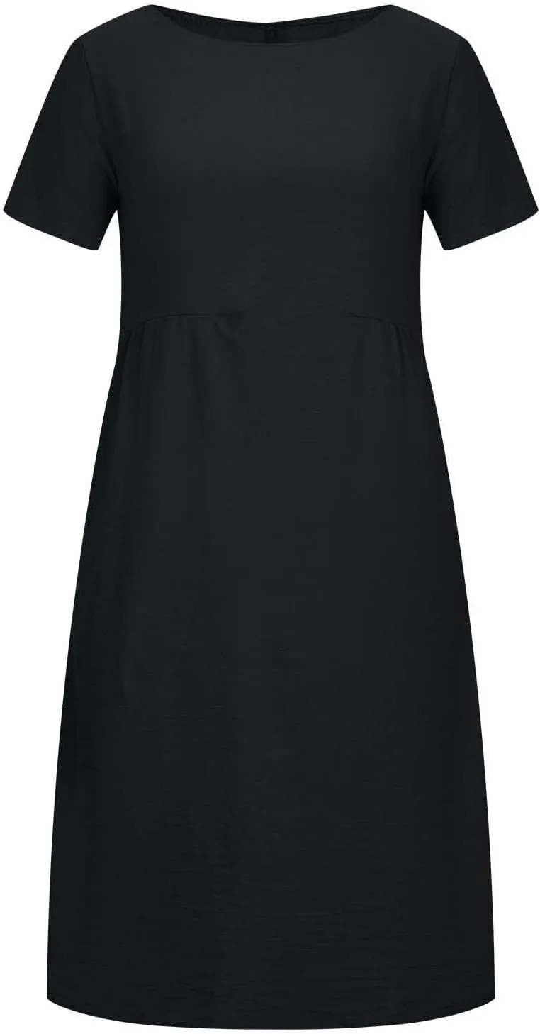 Summer Beach Dresses for Women 2025 Short Sleeve Cotton Linen Midi Dress Flowy A Line Dresses Shirt Dress with Pocket