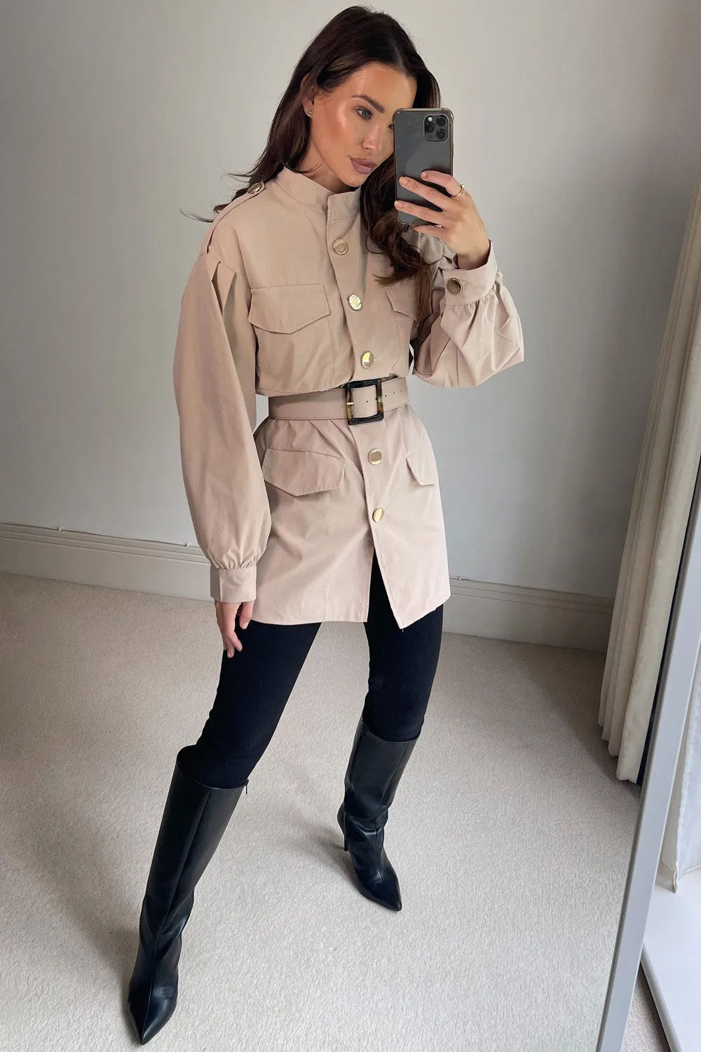 Summer Beige High Neck Belted Woven Puff Sleeve Longline Jacket