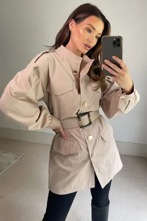 Summer Beige High Neck Belted Woven Puff Sleeve Longline Jacket