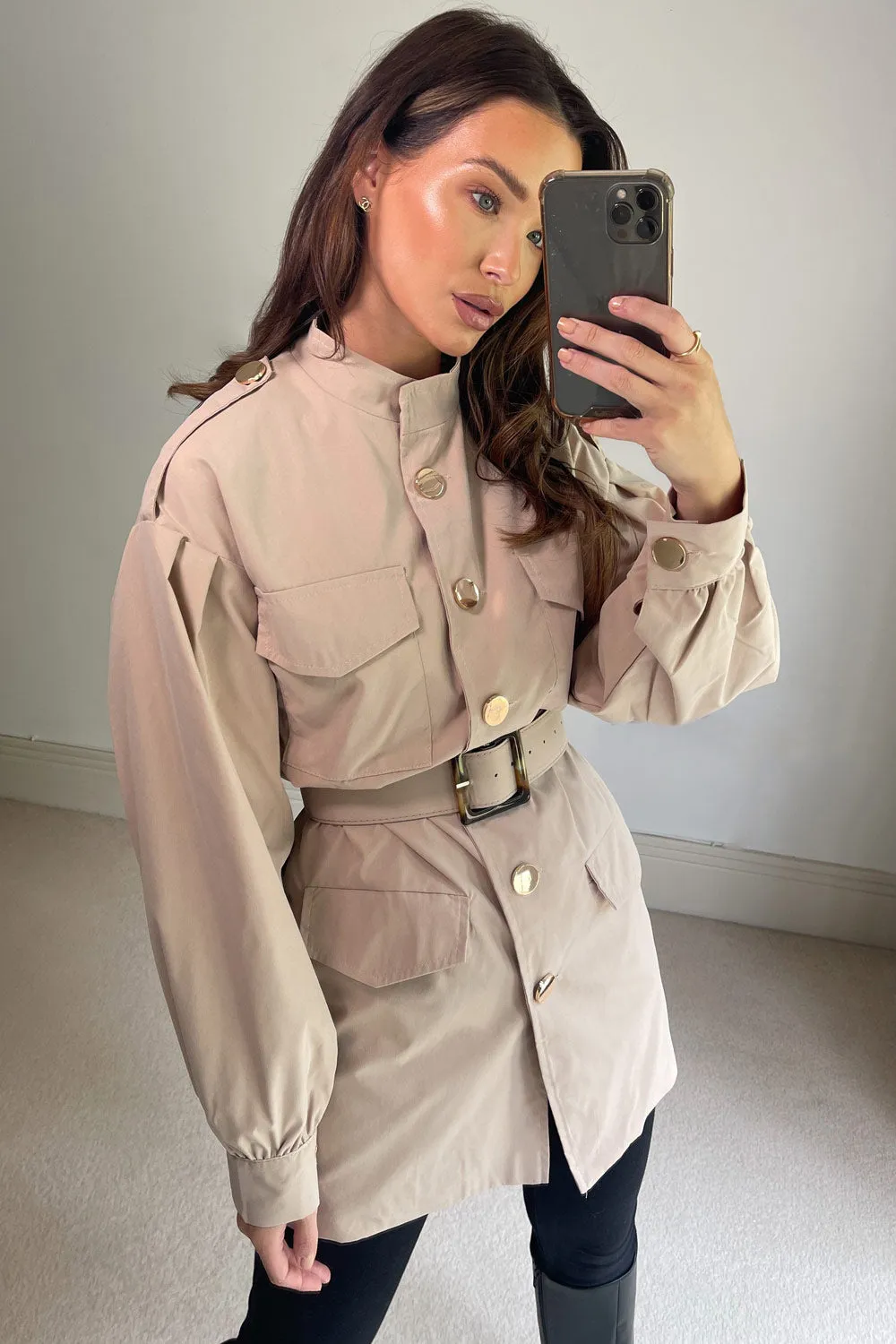 Summer Beige High Neck Belted Woven Puff Sleeve Longline Jacket