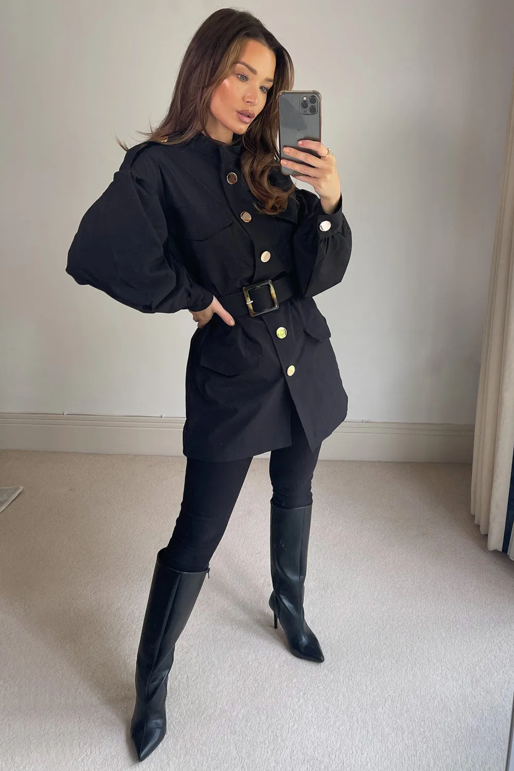 Summer Black High Neck Belted Woven Puff Sleeve Longline Jacket