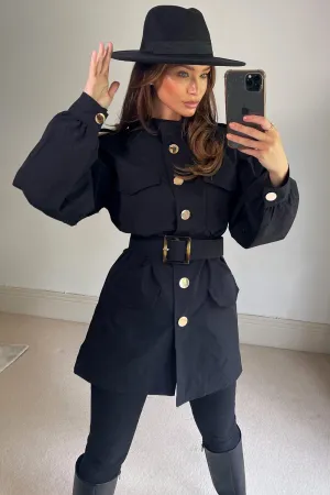 Summer Black High Neck Belted Woven Puff Sleeve Longline Jacket