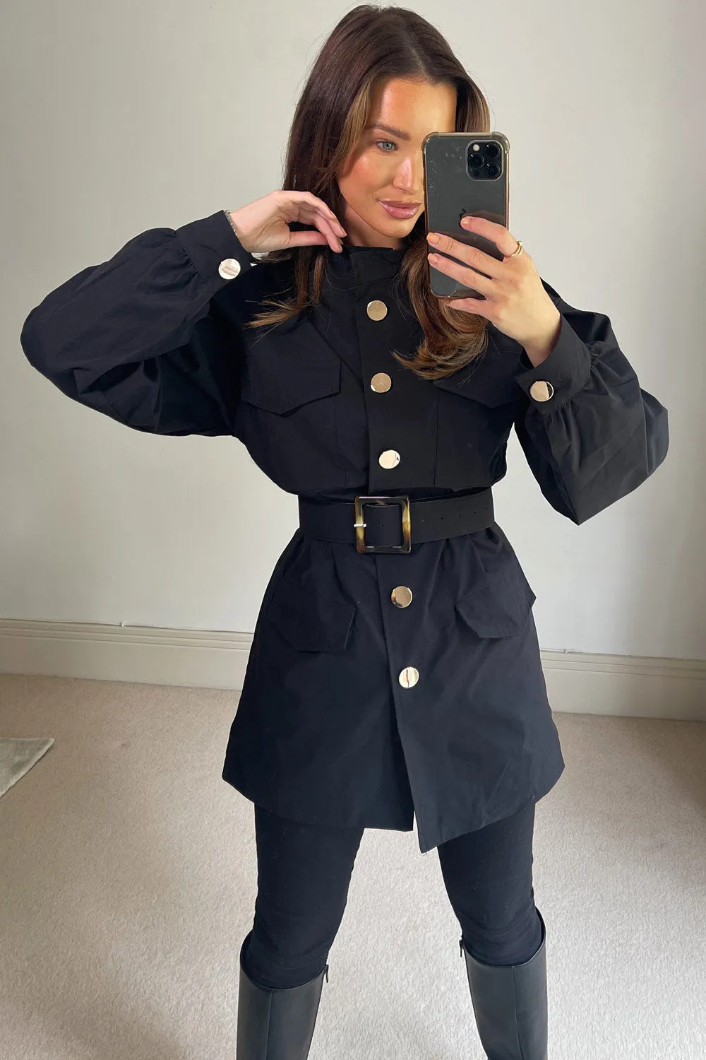 Summer Black High Neck Belted Woven Puff Sleeve Longline Jacket