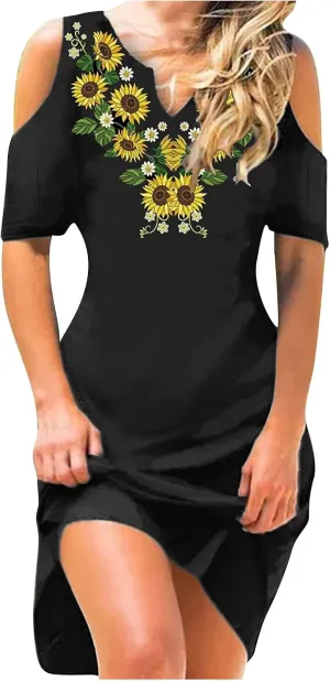 Summer Dresses for Women 2022,Women Traditional Aztec Cold Shoulder Sexy V Neck Short Sleeve Dress Floral Casual Dress