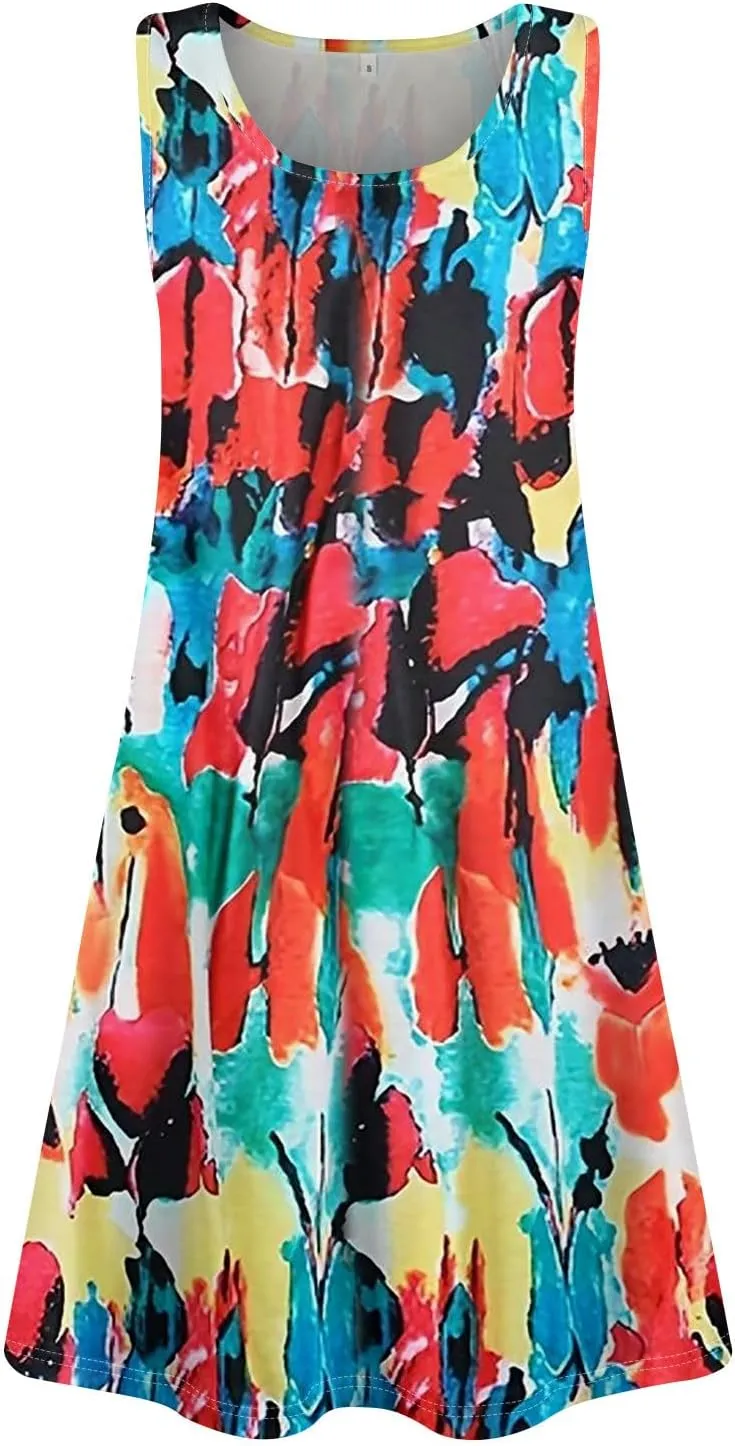 Summer Dresses for Women 2025 Casual Loose Crew Neck Sleeveless Sundresses Boho Tank Dress Beach T Shirt Dresses