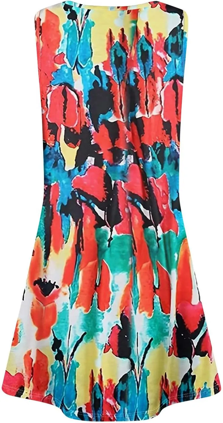 Summer Dresses for Women 2025 Casual Loose Crew Neck Sleeveless Sundresses Boho Tank Dress Beach T Shirt Dresses