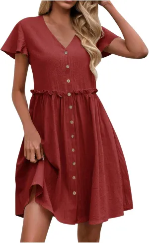 Summer Dresses for Women 2025 Sexy V Neck Short Sleeve Midi Dress Solid Elastic Waist A Line Button Dress