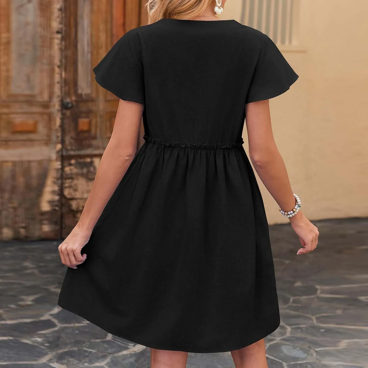 Summer Dresses for Women 2025 Sexy V Neck Short Sleeve Midi Dress Solid Elastic Waist A Line Button Dress