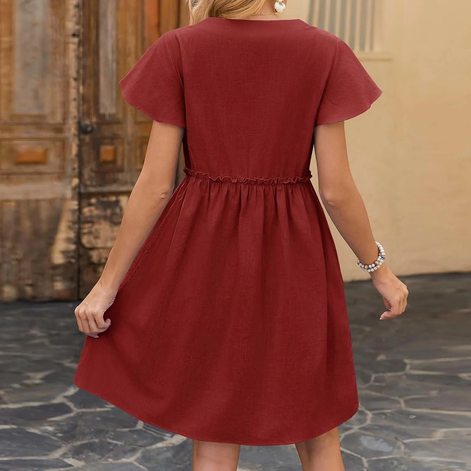 Summer Dresses for Women 2025 Sexy V Neck Short Sleeve Midi Dress Solid Elastic Waist A Line Button Dress