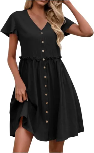 Summer Dresses for Women 2025 Sexy V Neck Short Sleeve Midi Dress Solid Elastic Waist A Line Button Dress