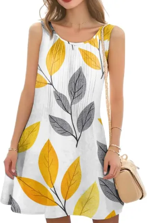 Summer Dresses for Women Casual Sundress Floral Printed Pleated Mini Dress with Pocket Beach Cover Up Swimsuits