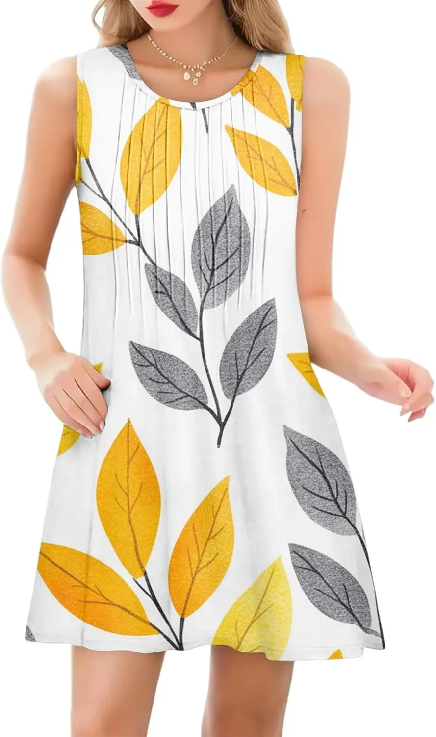 Summer Dresses for Women Casual Sundress Floral Printed Pleated Mini Dress with Pocket Beach Cover Up Swimsuits