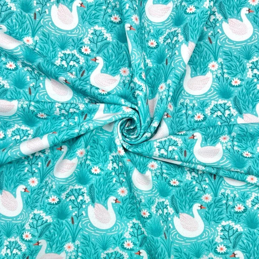 Swans and Flowers French Terry Fabric