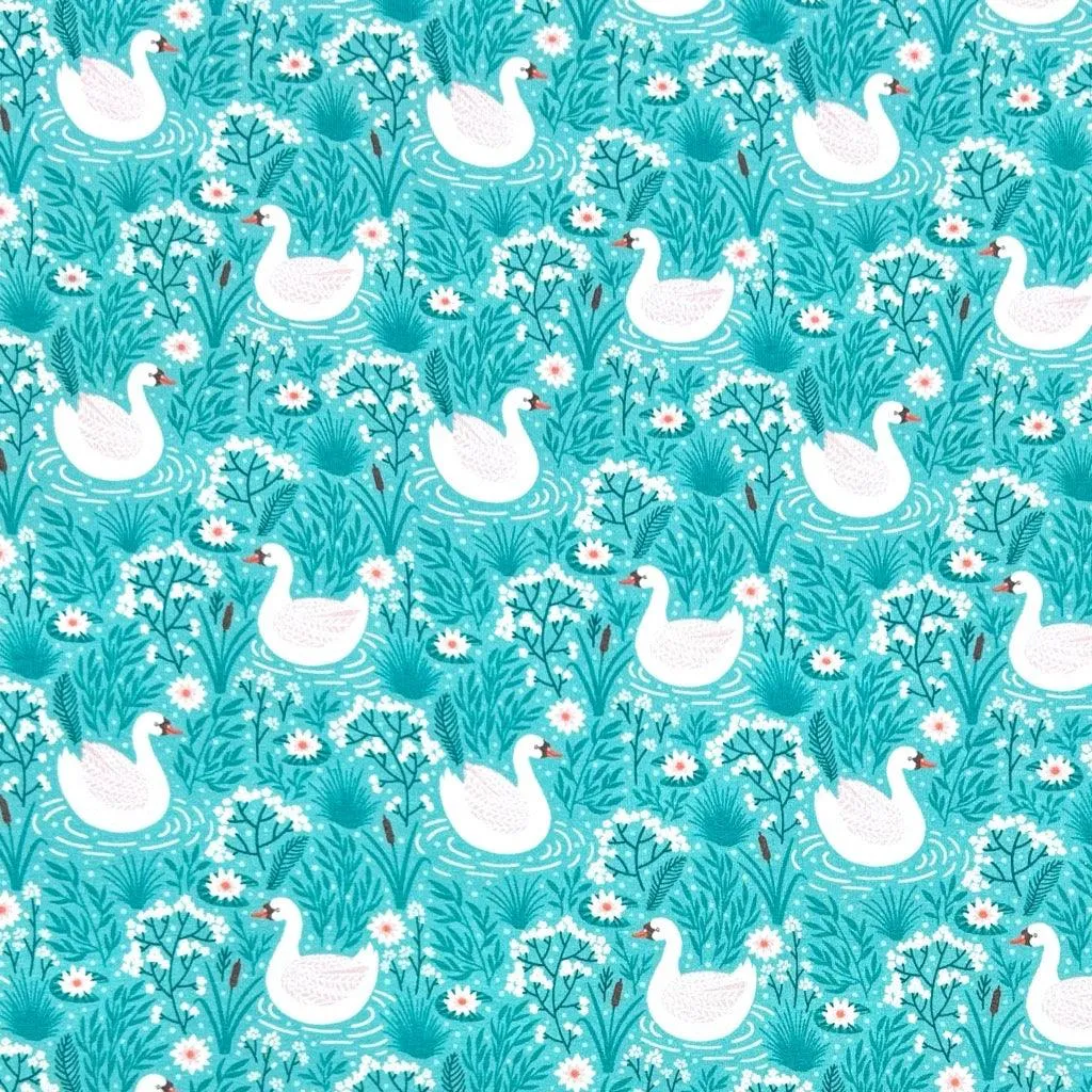 Swans and Flowers French Terry Fabric