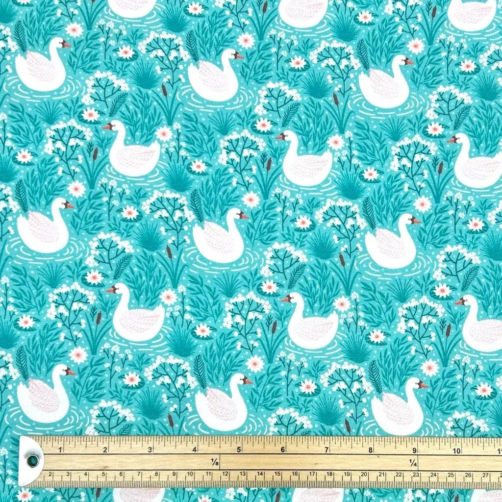 Swans and Flowers French Terry Fabric