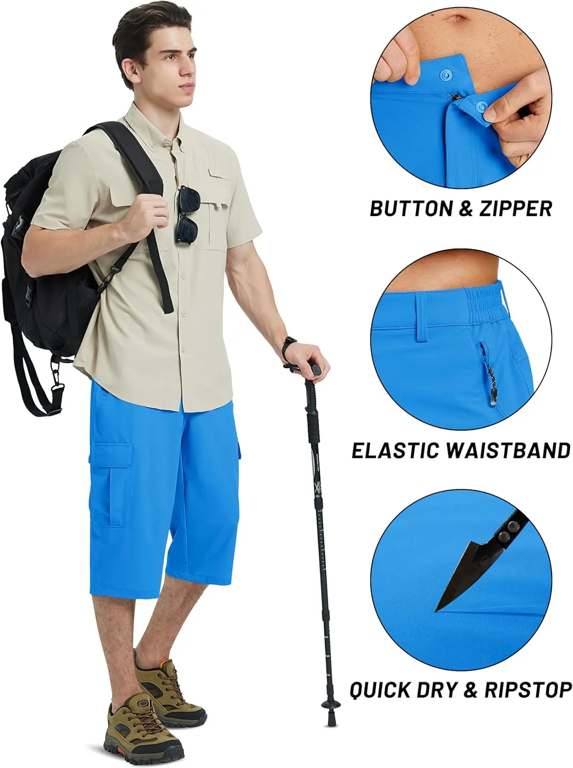 TACVASEN Men's Capri Pants Cargo Long Shorts Quick Dry Lightweight 3/4 Pants Below Knee Summer Hiking Work