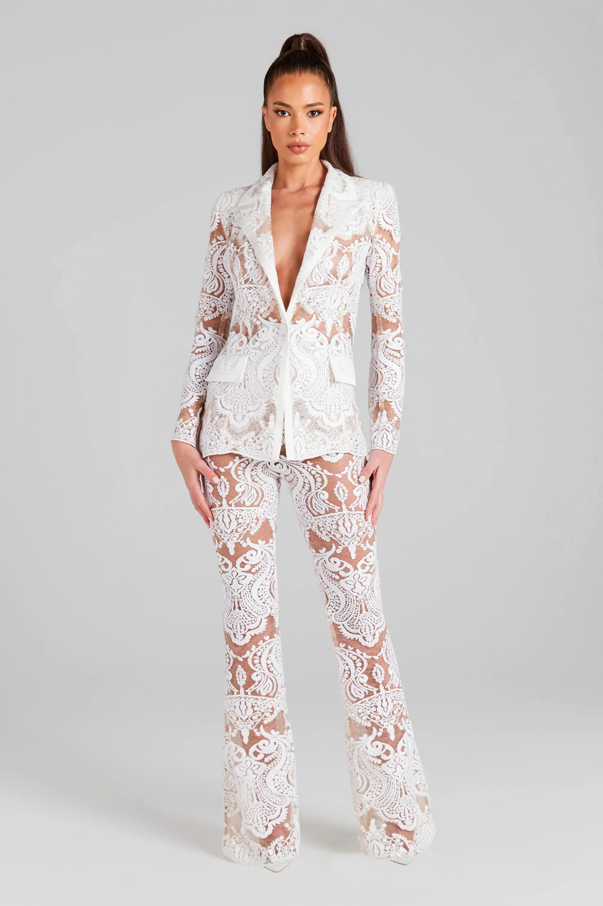 Trend4us Luxe Sheer Lace Embroidered Pant Suit