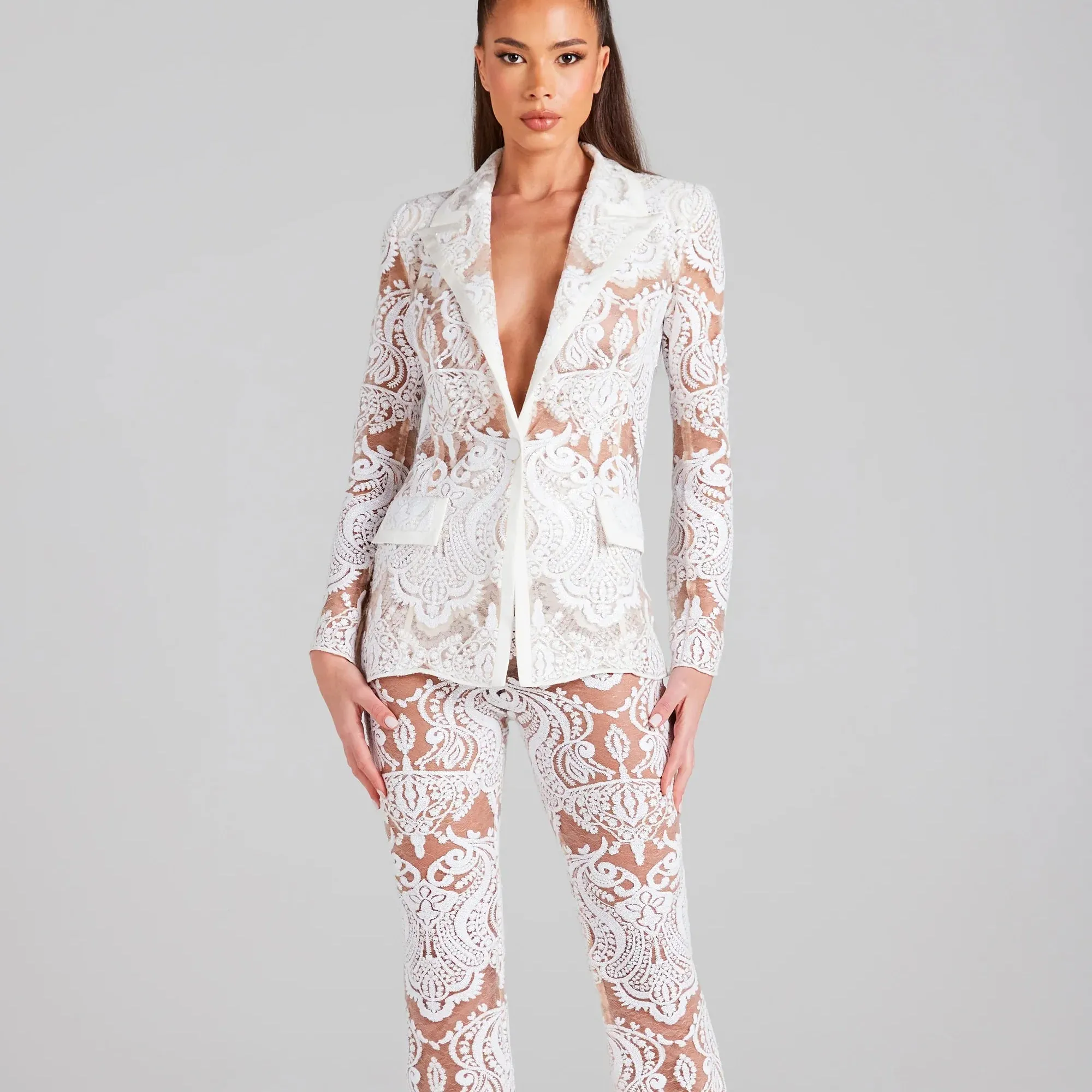 Trend4us Luxe Sheer Lace Embroidered Pant Suit