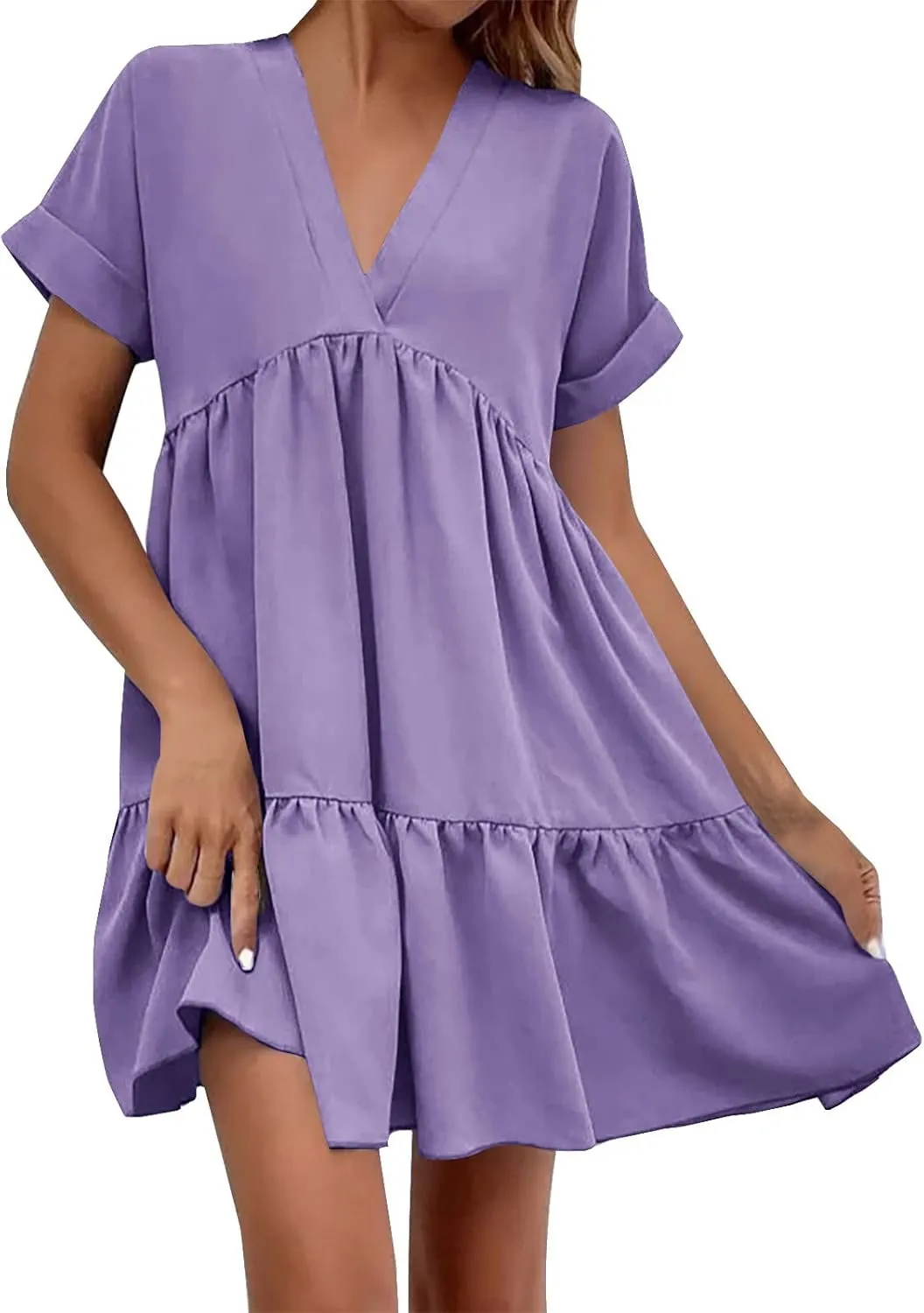 Vacation Dresses for Women 2024 Tie V Neck Solid Color Ruched Ruffle Cap Sleeve Mini Dress Short Vacation Dresses