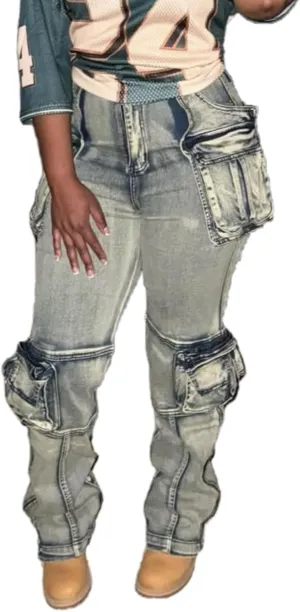 Vaceky Stretch Cargo Jeans Women Straight Leg Side Zipper Slit Y2K Denim Pants with Pockets