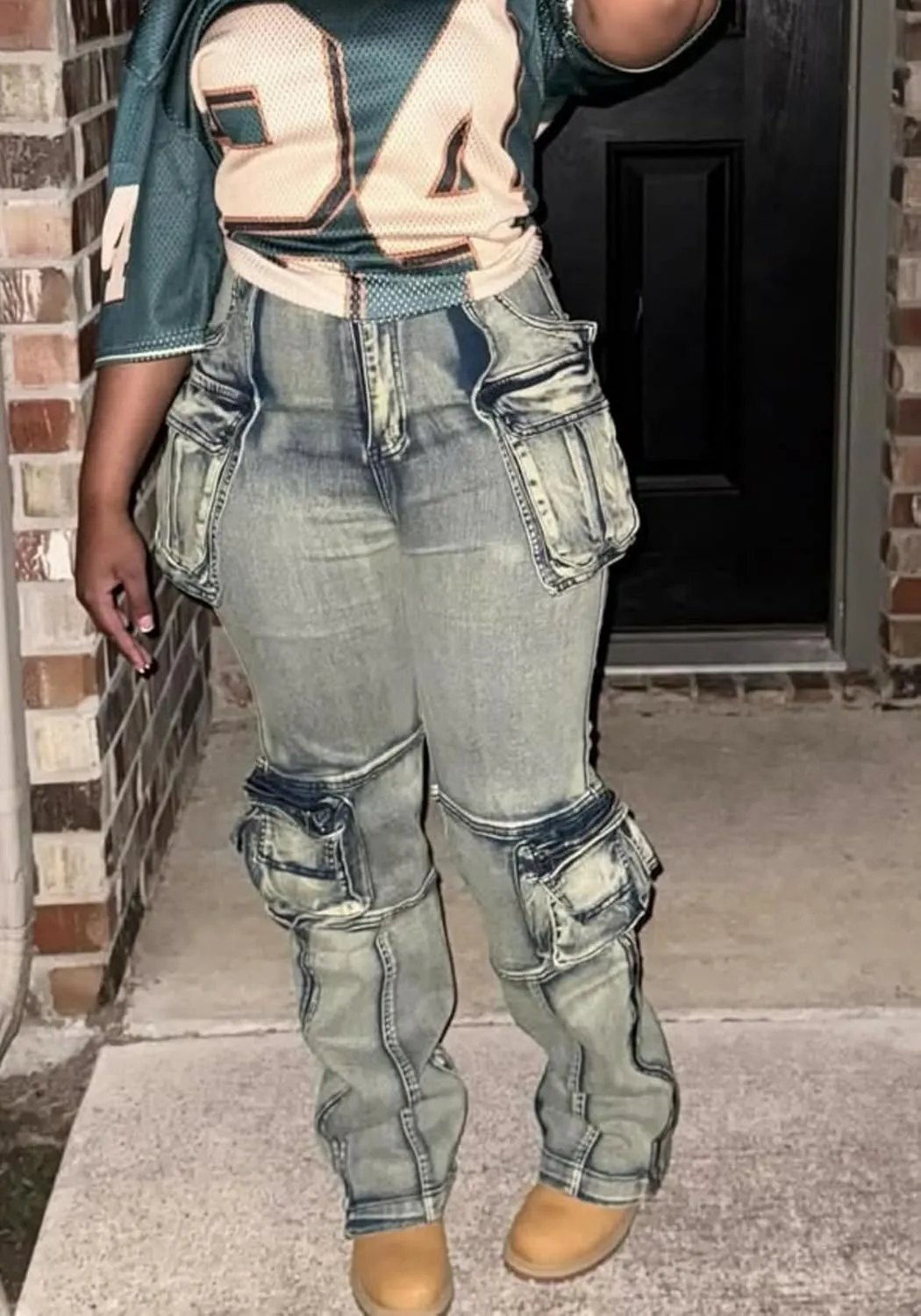 Vaceky Stretch Cargo Jeans Women Straight Leg Side Zipper Slit Y2K Denim Pants with Pockets