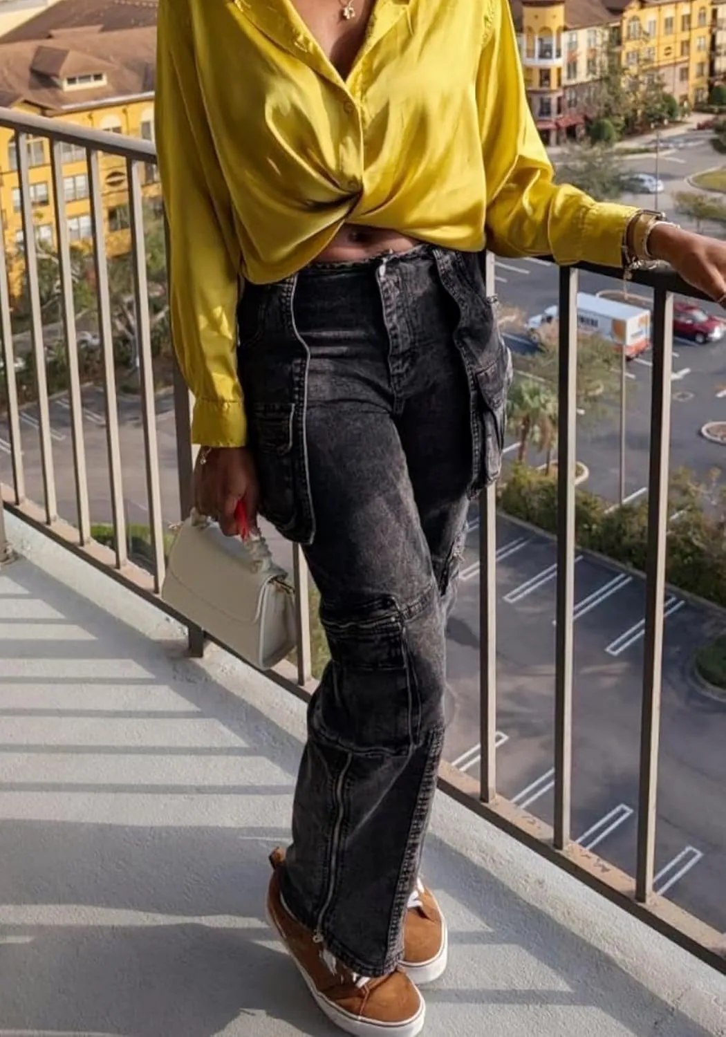 Vaceky Stretch Cargo Jeans Women Straight Leg Side Zipper Slit Y2K Denim Pants with Pockets