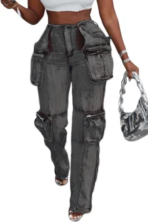 Vaceky Stretch Cargo Jeans Women Straight Leg Side Zipper Slit Y2K Denim Pants with Pockets