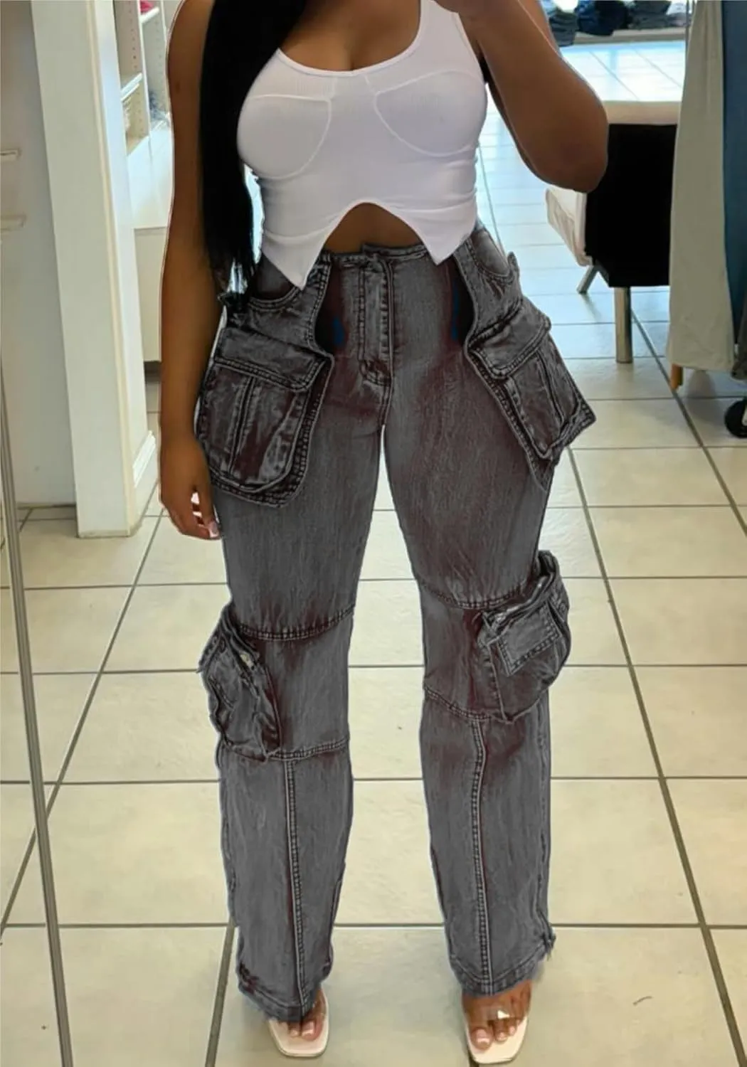 Vaceky Stretch Cargo Jeans Women Straight Leg Side Zipper Slit Y2K Denim Pants with Pockets