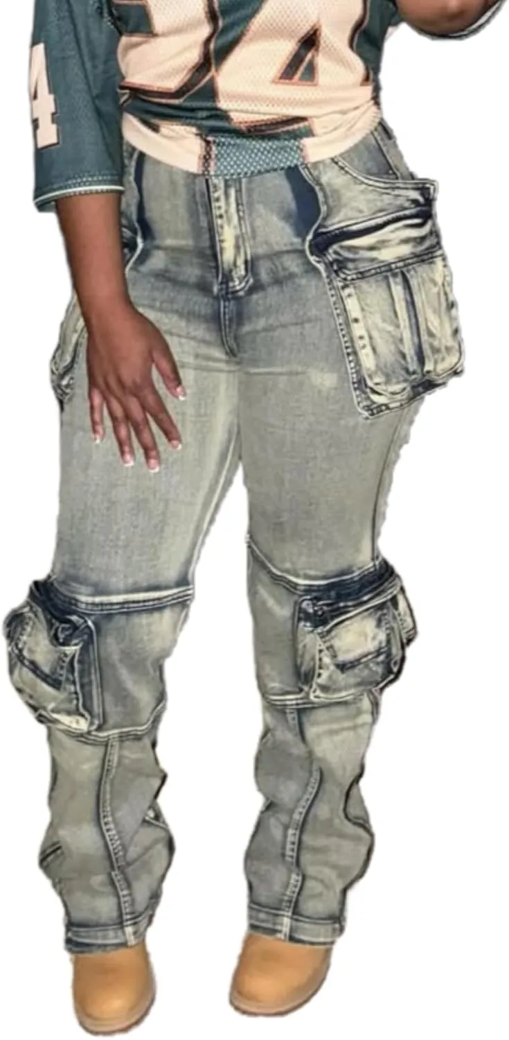 Vaceky Stretch Cargo Jeans Women Straight Leg Side Zipper Slit Y2K Denim Pants with Pockets