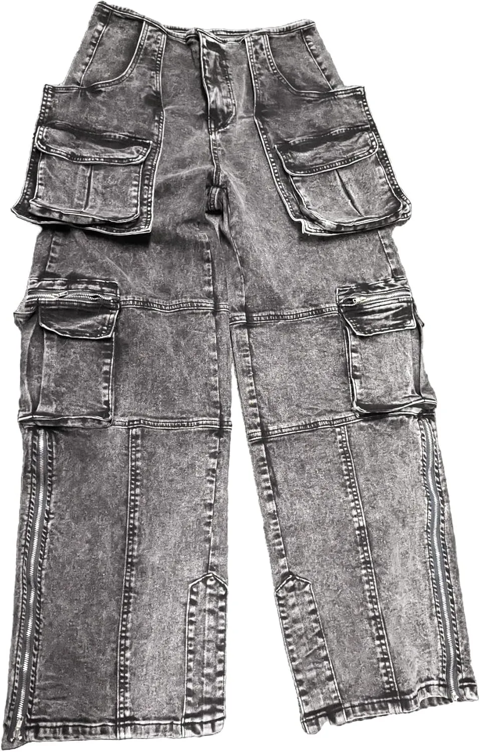 Vaceky Stretch Cargo Jeans Women Straight Leg Side Zipper Slit Y2K Denim Pants with Pockets