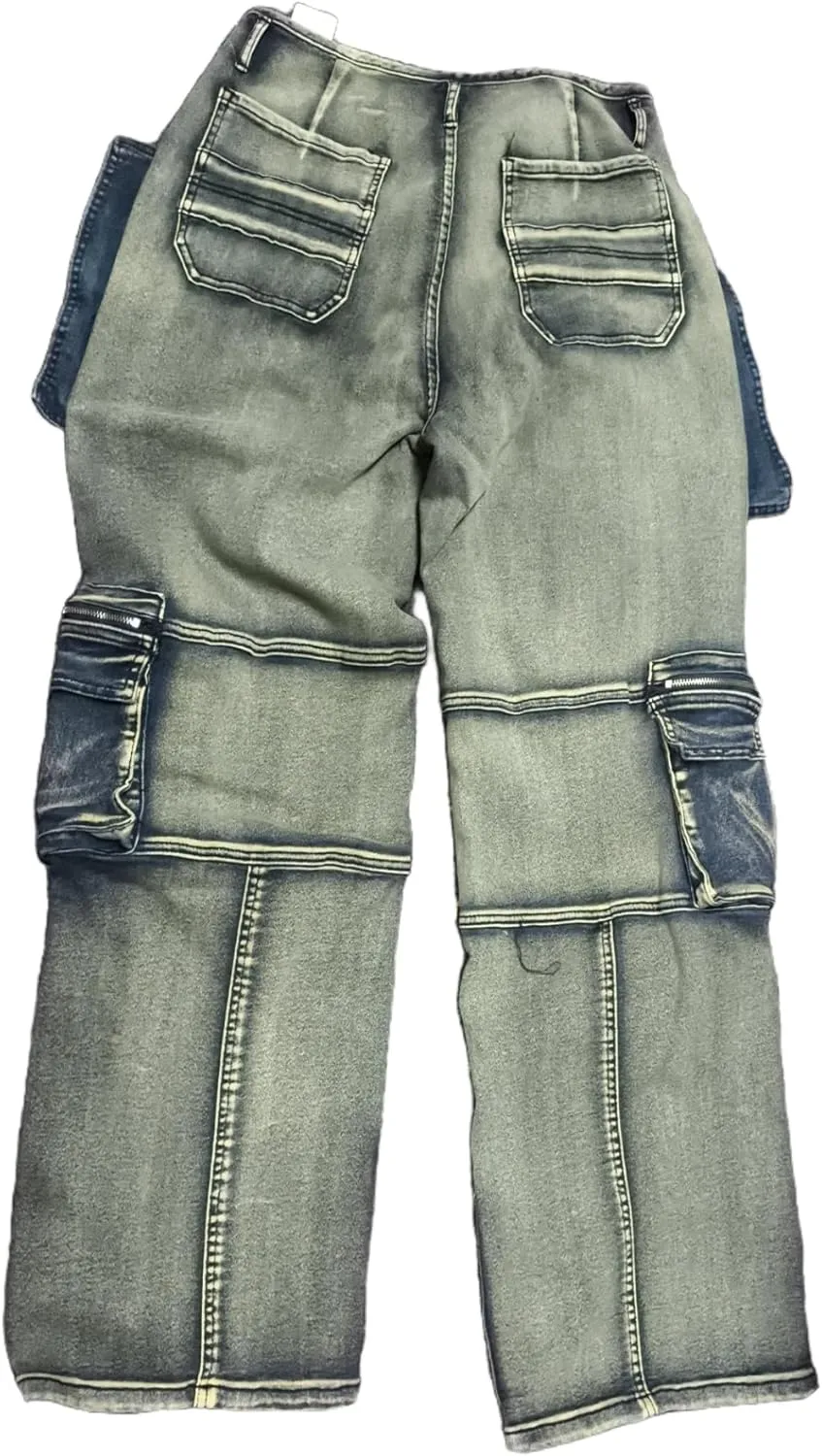 Vaceky Stretch Cargo Jeans Women Straight Leg Side Zipper Slit Y2K Denim Pants with Pockets