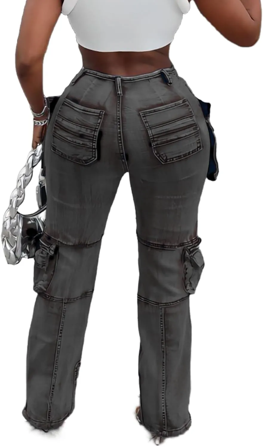 Vaceky Stretch Cargo Jeans Women Straight Leg Side Zipper Slit Y2K Denim Pants with Pockets