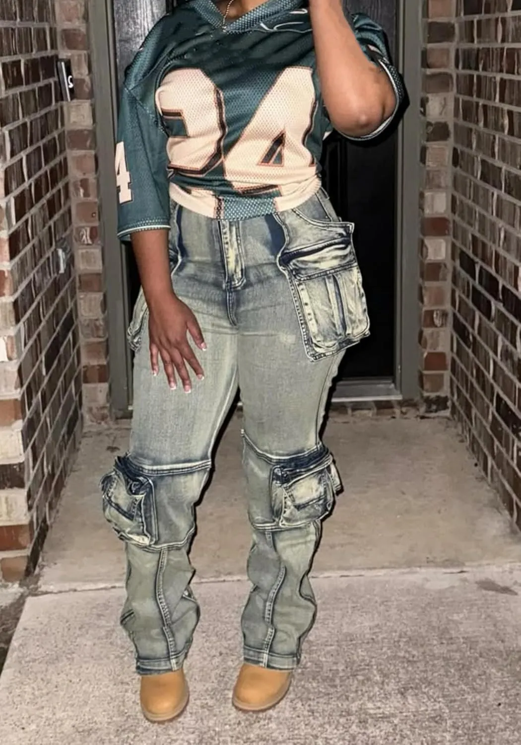 Vaceky Stretch Cargo Jeans Women Straight Leg Side Zipper Slit Y2K Denim Pants with Pockets