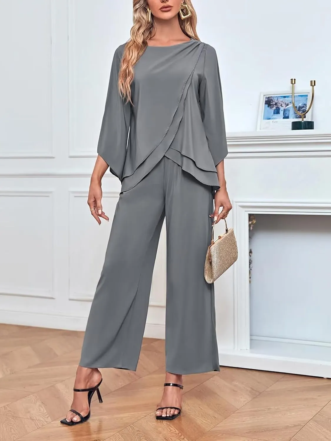 VK Selec Chiffon Mother of The Bride Pant Suits for Wedding 2 Pieces Pants Suits for Women Dressy Wedding