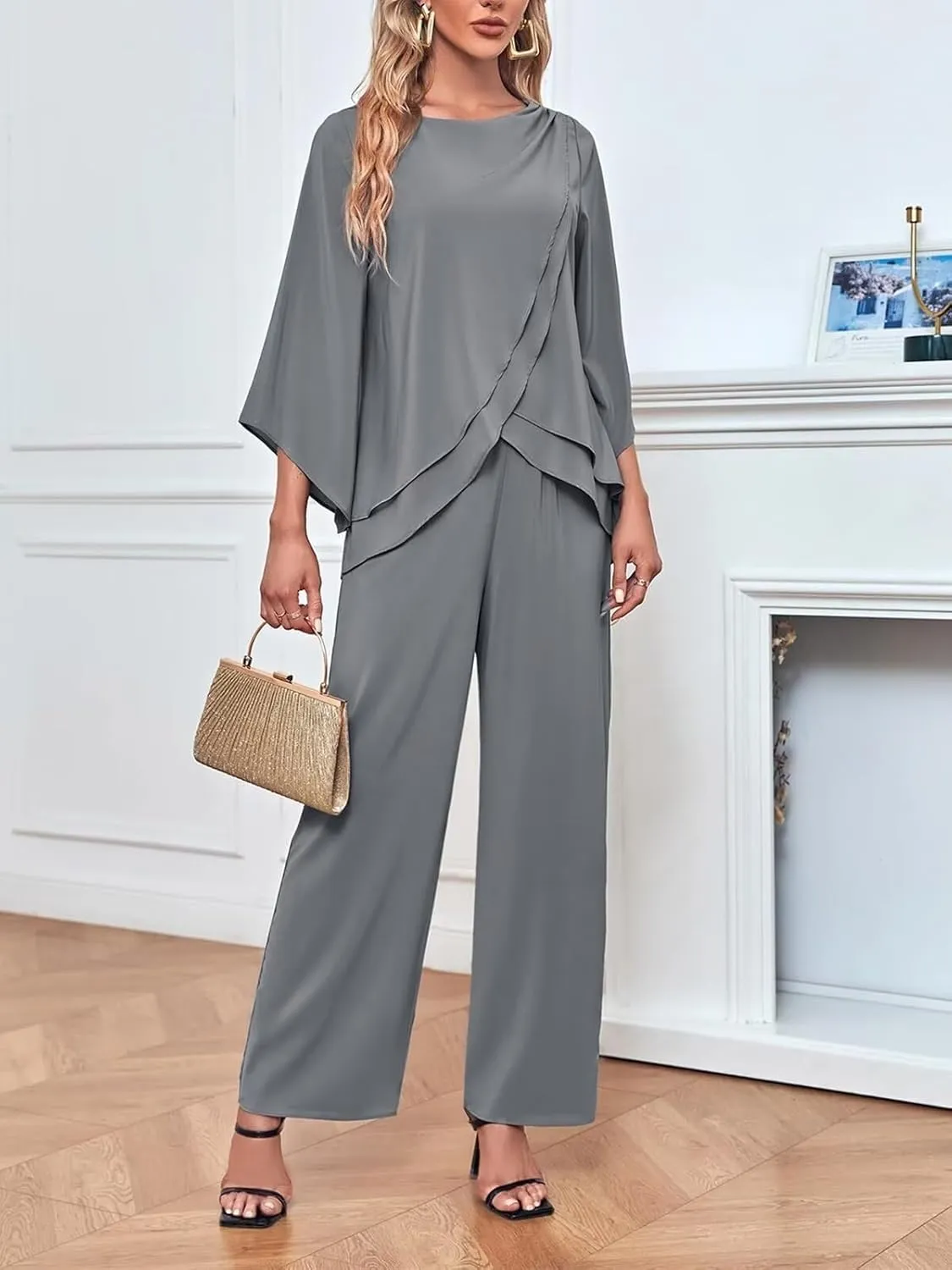 VK Selec Chiffon Mother of The Bride Pant Suits for Wedding 2 Pieces Pants Suits for Women Dressy Wedding