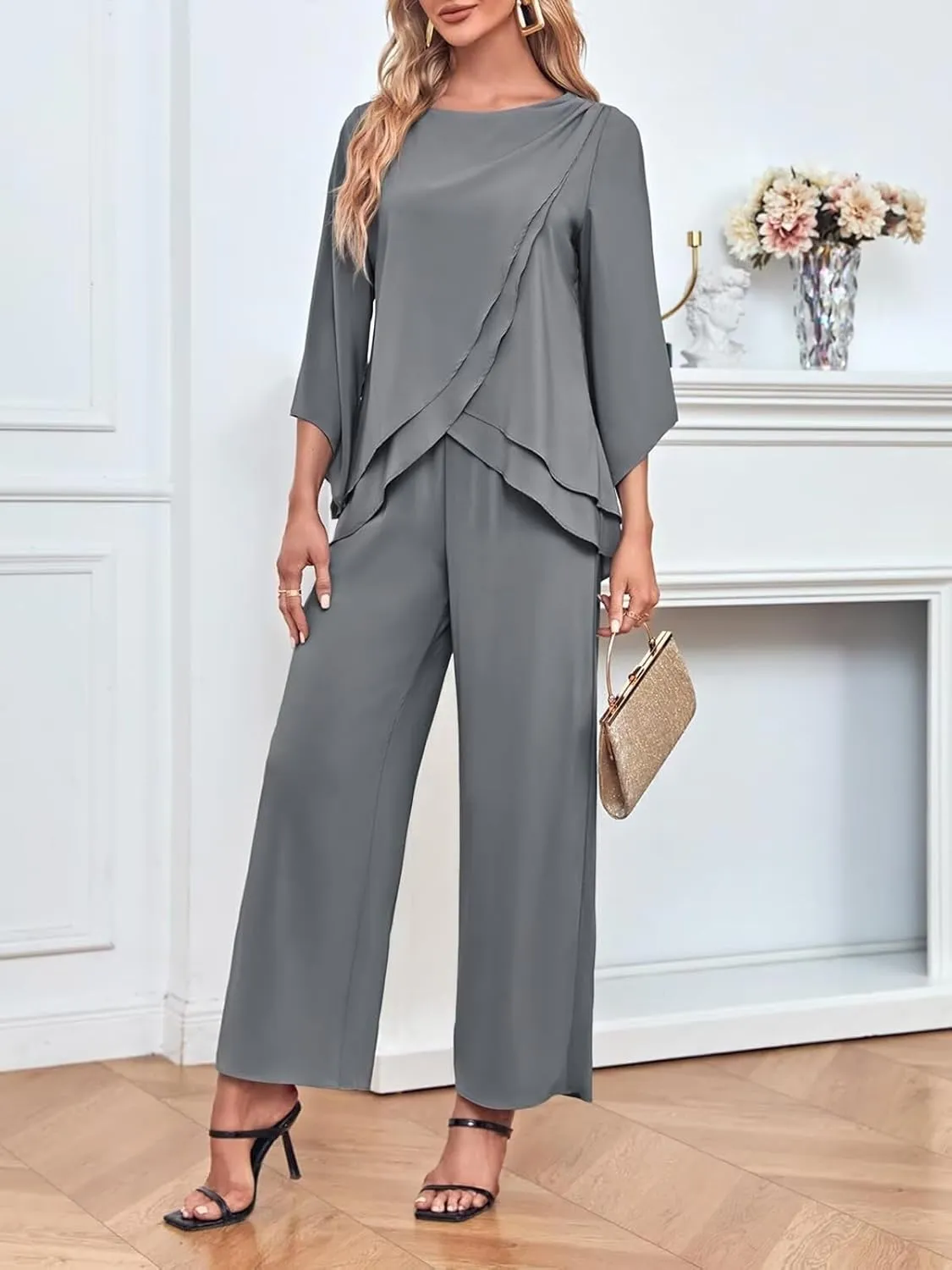 VK Selec Chiffon Mother of The Bride Pant Suits for Wedding 2 Pieces Pants Suits for Women Dressy Wedding